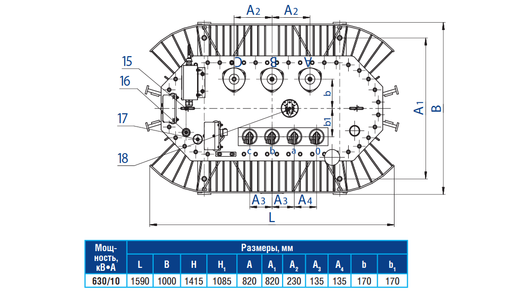 ТМГ-630/10 трансформатор габаритные размеры